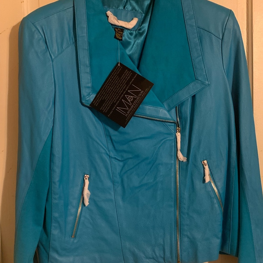IMAN Women’s Genuine leather turquoise Moto Jacket new with tags (RARE FIND)